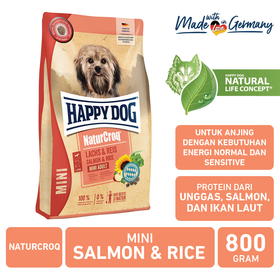 Happy Dog Makanan Anjing Mini Dewasa Naturcroq Salmon & Rice 800gr