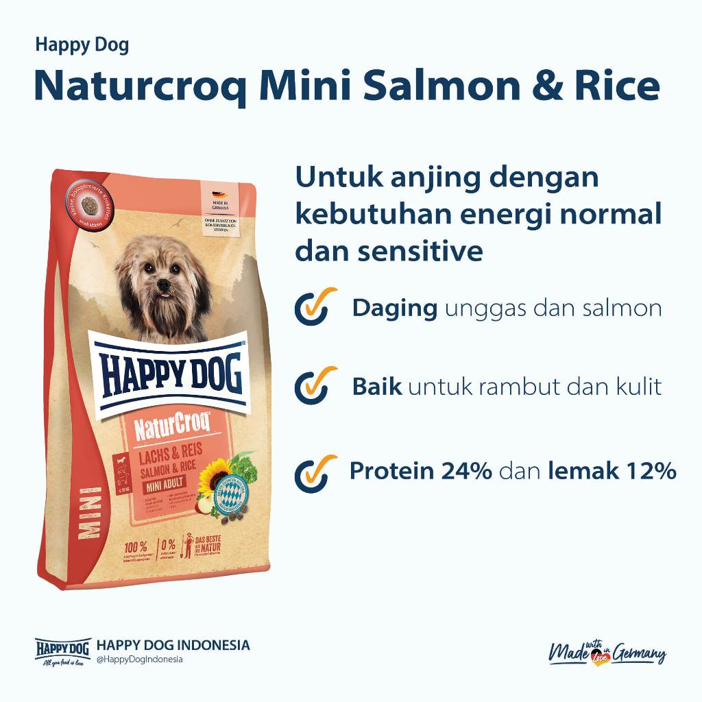 Happy Dog Makanan Anjing Mini Dewasa Naturcroq Salmon &amp; Rice 800gr